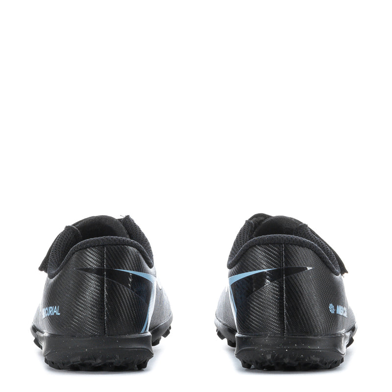 Kids black soccer cleats rear view with light-blue accent line and textured heel