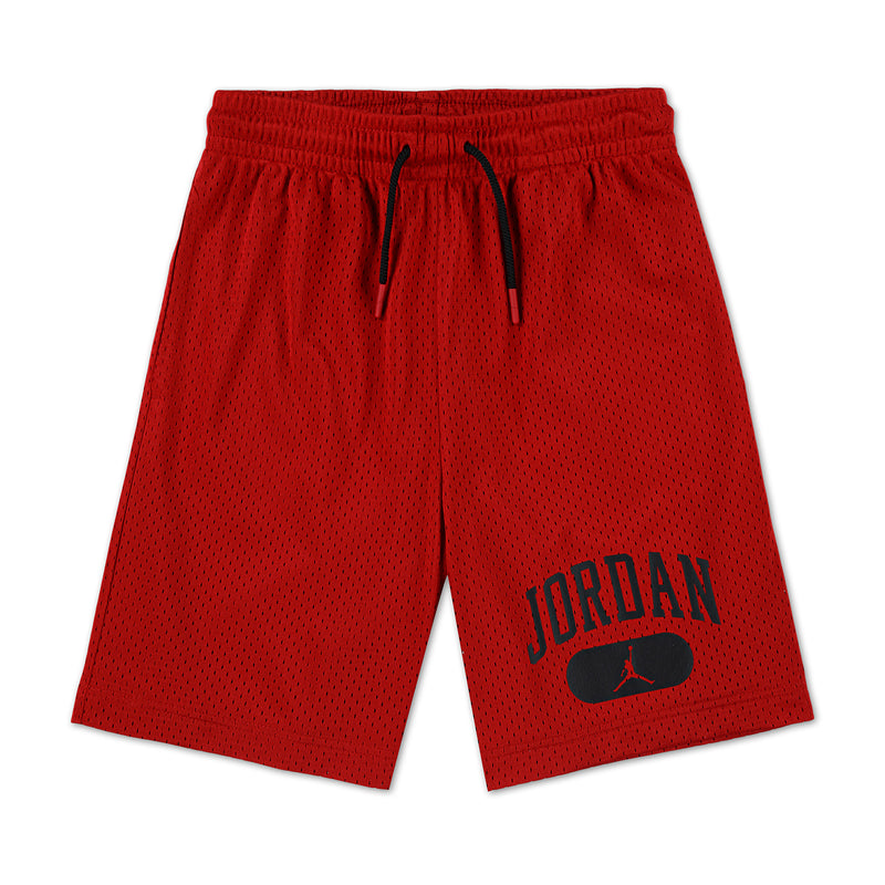 Youth Gym Red mesh athletic shorts with black drawstring and Jordan logo