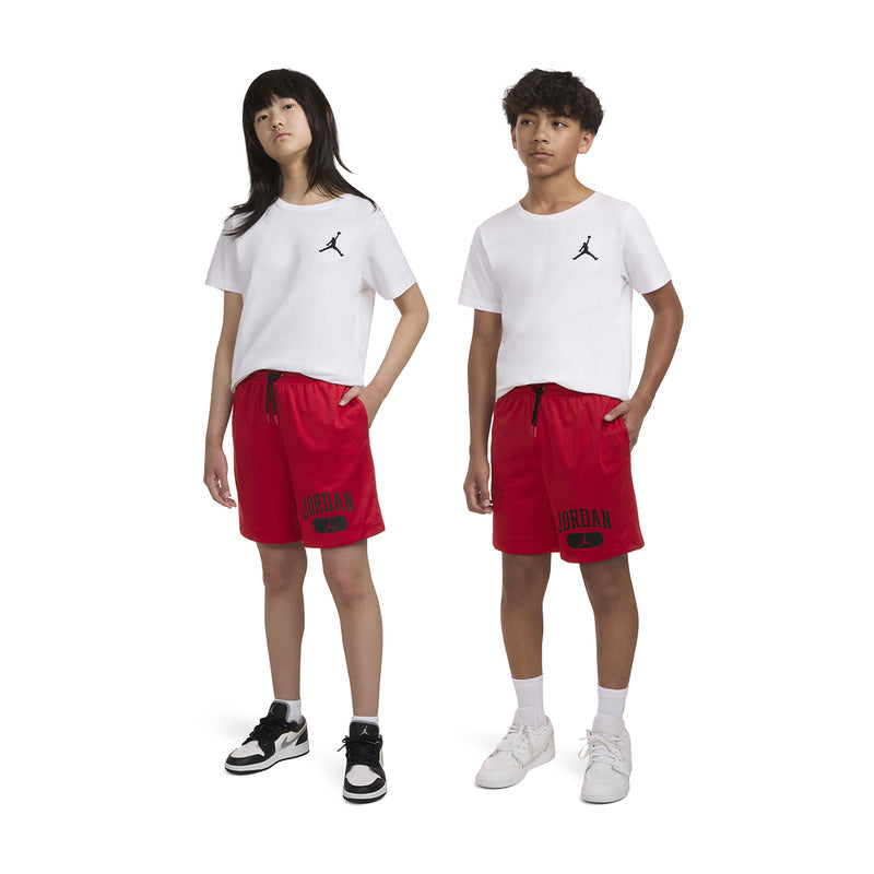 Youth Gym Red mesh shorts on kids, black drawstring waist and Jordan graphic
