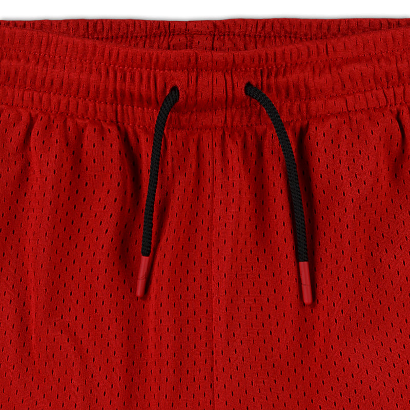 Gym Red mesh shorts with black drawstring cords and elastic waistband