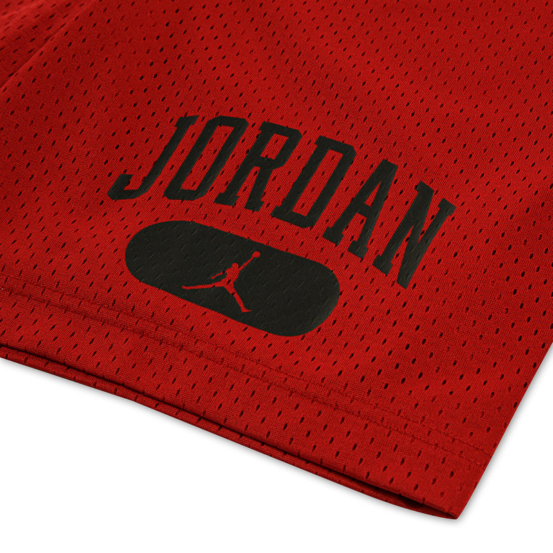 Gym Red mesh shorts with large black Jordan lettering and Jumpman icon