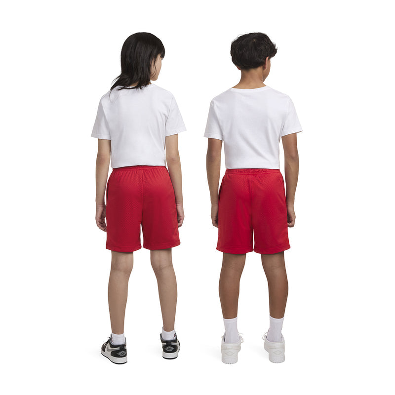 Back view of youth Gym Red mesh shorts with hem branding