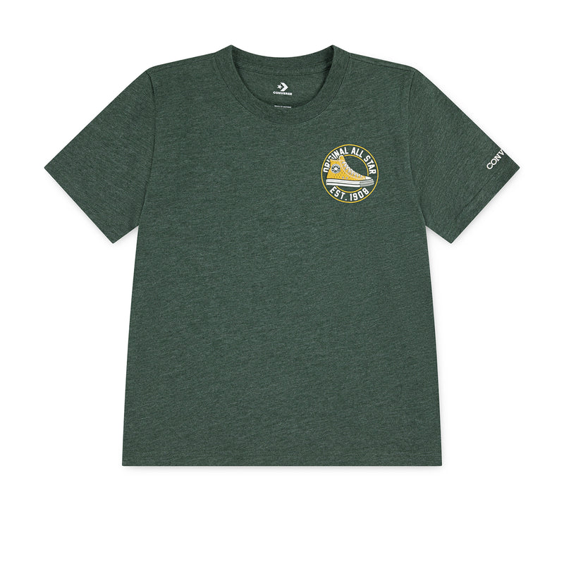 Youth dark green heather mesh sneaker T-shirt, front Converse patch graphic