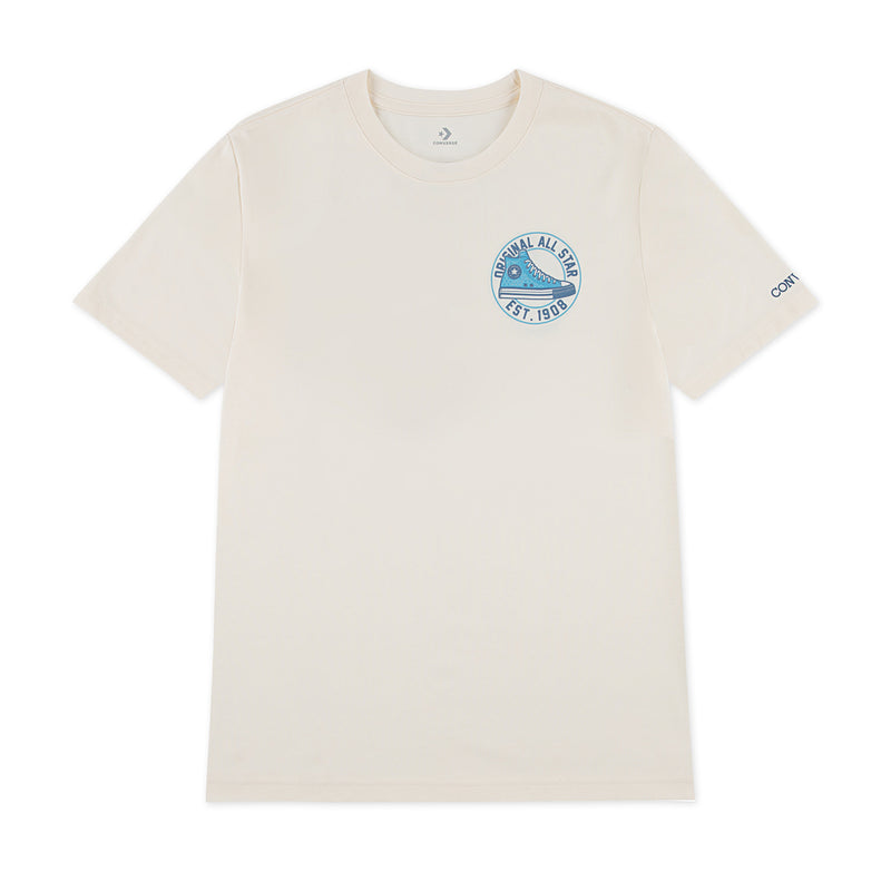 Youth off-white T-shirt with small blue Converse logo patch on chest