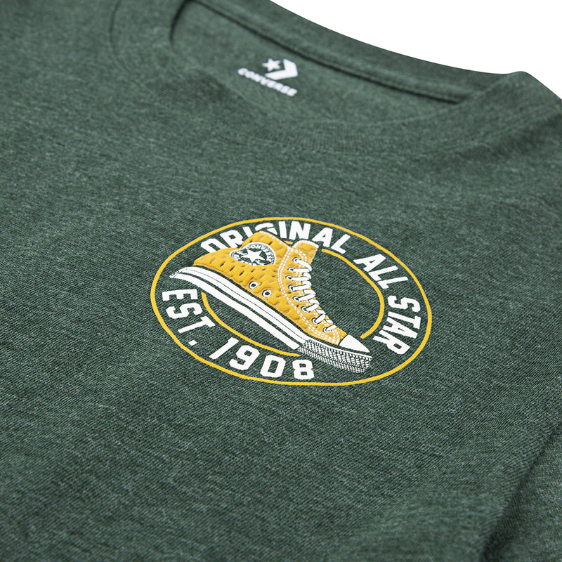 Youth dark green heather tee close-up of Converse sneaker graphic patch