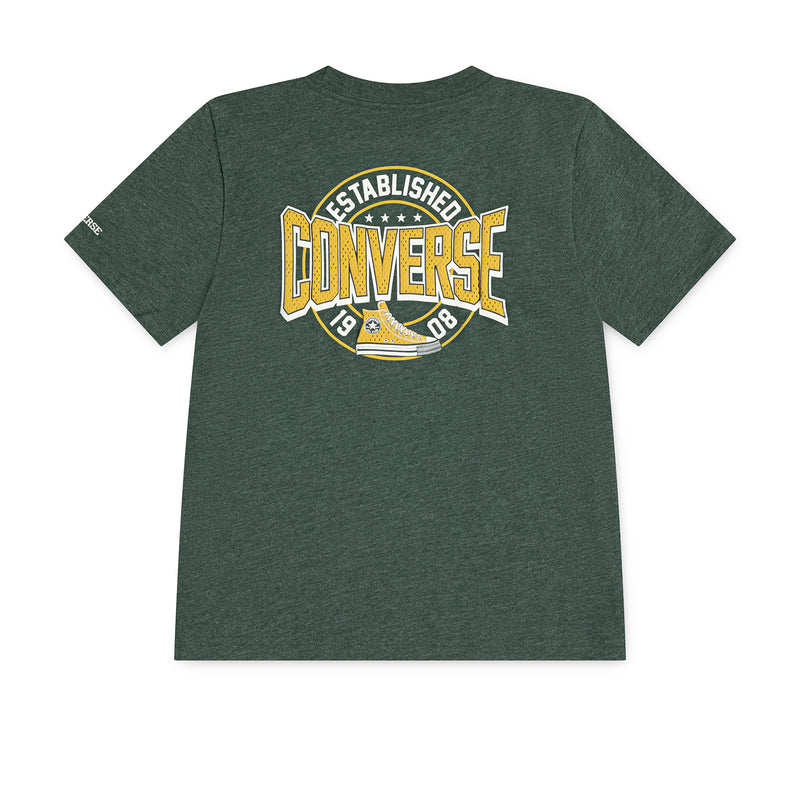 Youth dark green heather mesh tee, back Established Converse logo