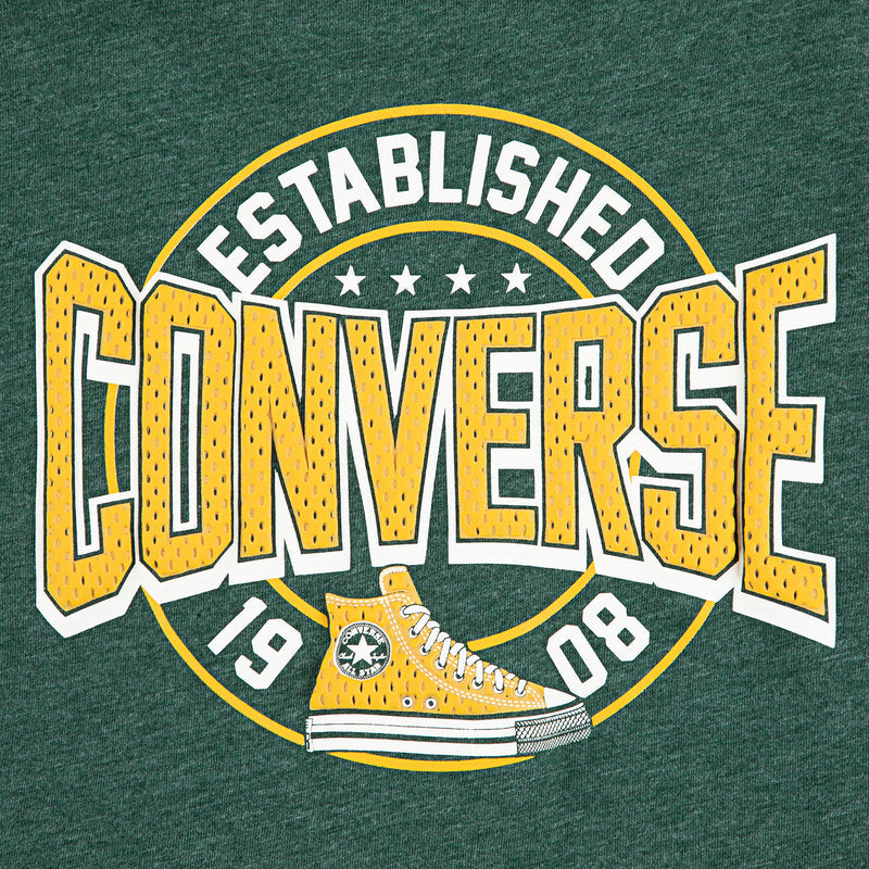 Youth dark green heather mesh tee, large Converse 'Established' sneaker print