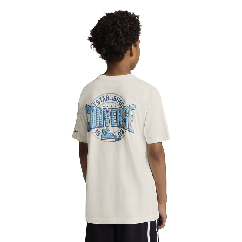 Youth off-white T-shirt back view with large blue Converse logo graphic
