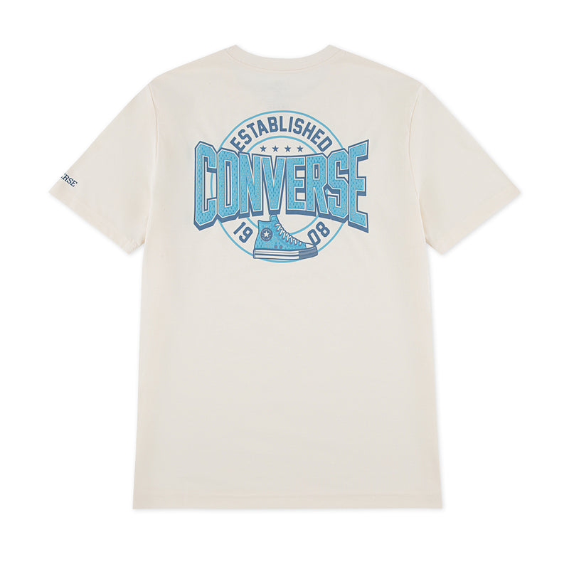 Youth off-white T-shirt with large blue Converse back graphic design