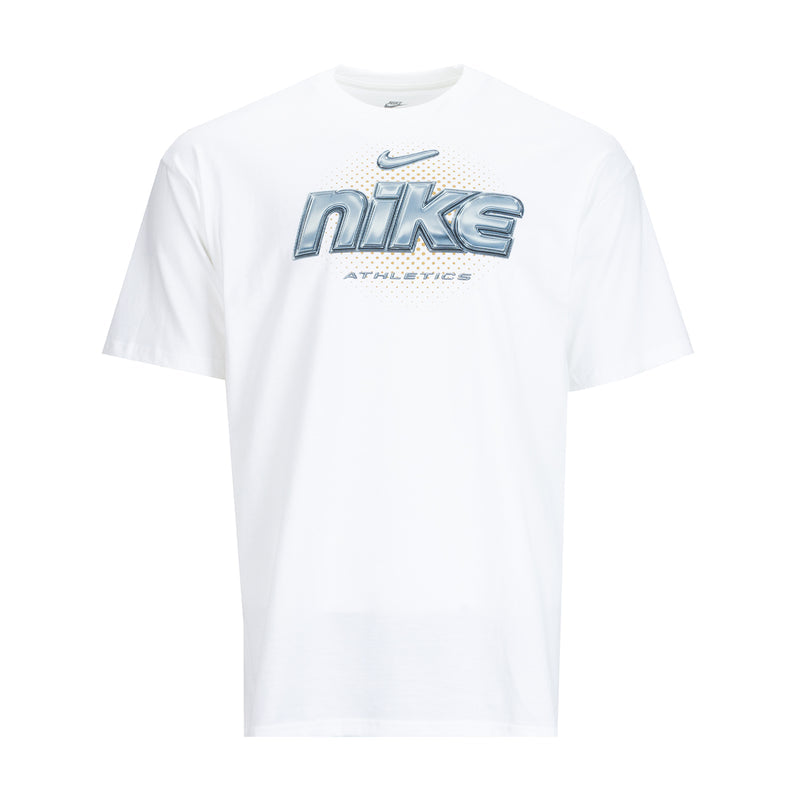 White men's crewneck graphic tee with metallic Nike logo on front