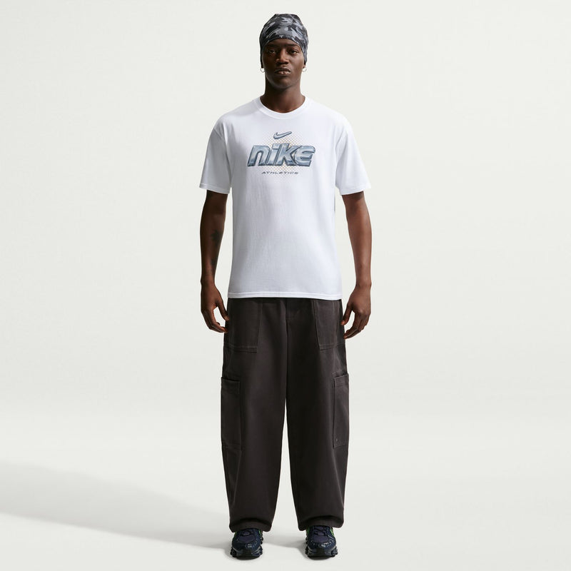 White crewneck tee with metallic Nike logo on the front