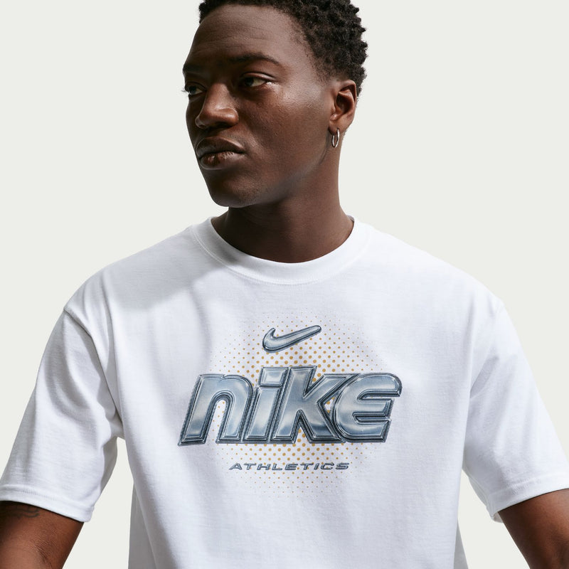 White crewneck tee with metallic Nike and Athletics graphic on chest