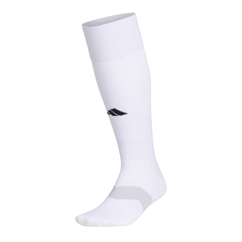 White crew socks with black and gray logo on the calf