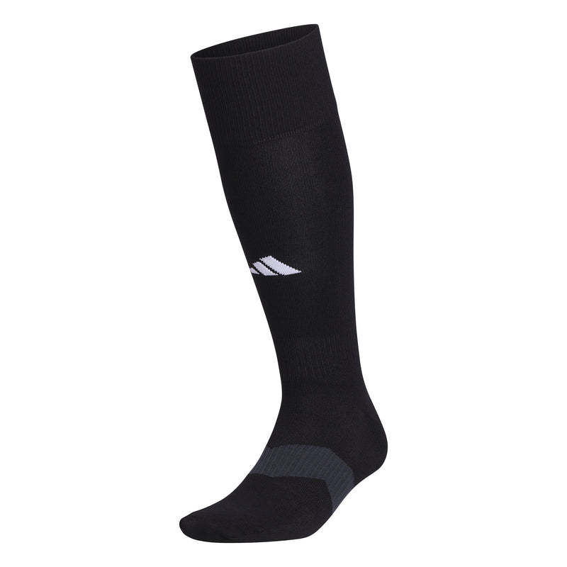 Black medium crew sock with purple and white logo at ankle