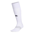 White crew socks with black logo on the side