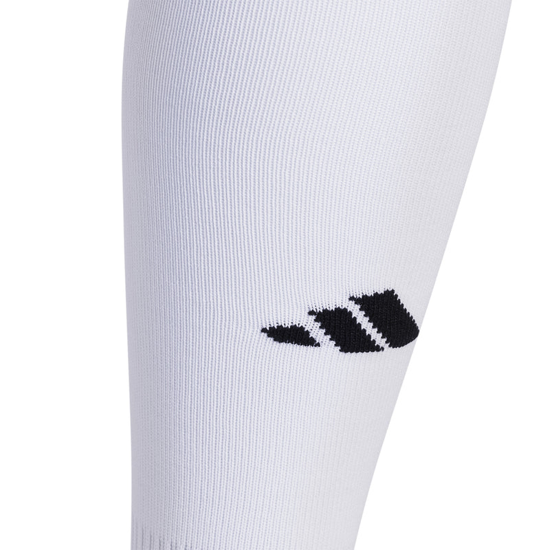 White crew socks with black-and-gray logo on the cuff