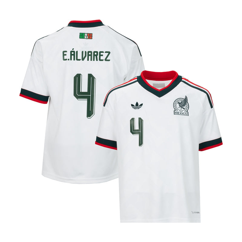 Youth Mexico 26/27 E. Alvarez #4 white replica away jersey with red collar and trim