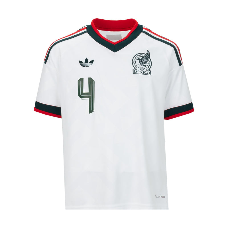 Youth Mexico soccer jersey: white with green #4, Mexico crest and adidas stripes, red/green trim.