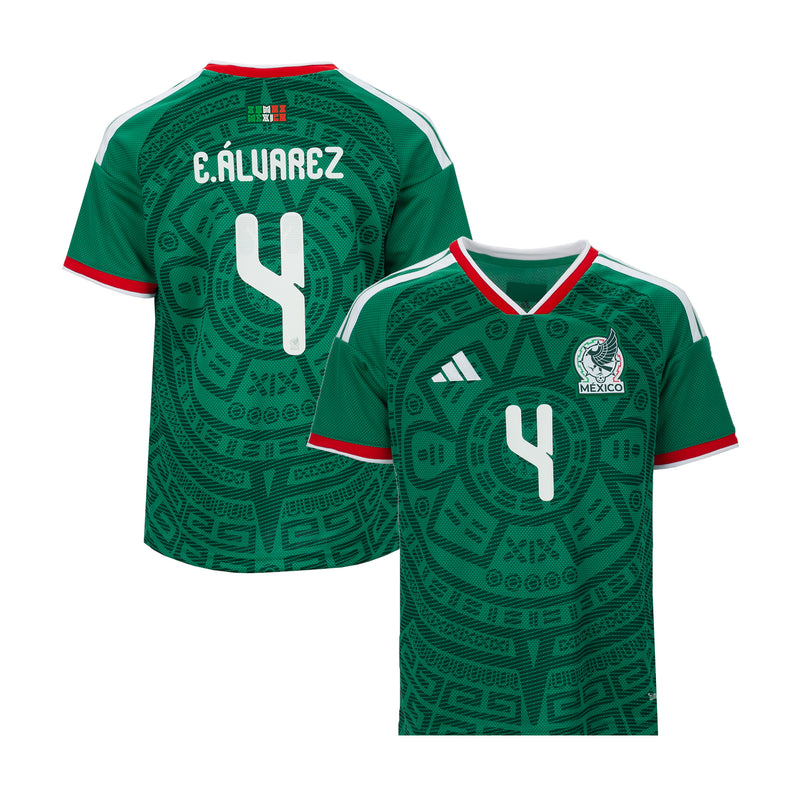 Youth green home jersey with E. Alvarez name, number 4, red and white trim