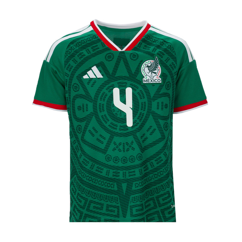 Youth green home jersey front with Mexico crest, number 4, Adidas logo, trim
