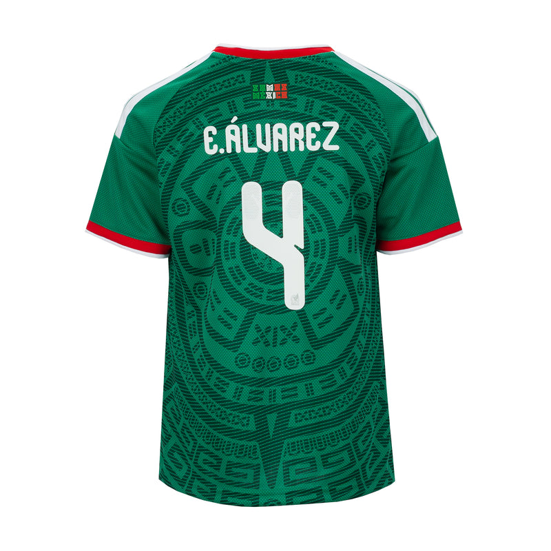 Youth green home jersey back with E. Alvarez and number 4, red and white trim