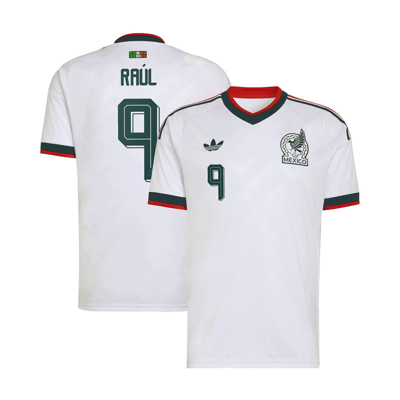 White Mexico away soccer jersey with Raul 9, Mexico crest, green graphics, red trim