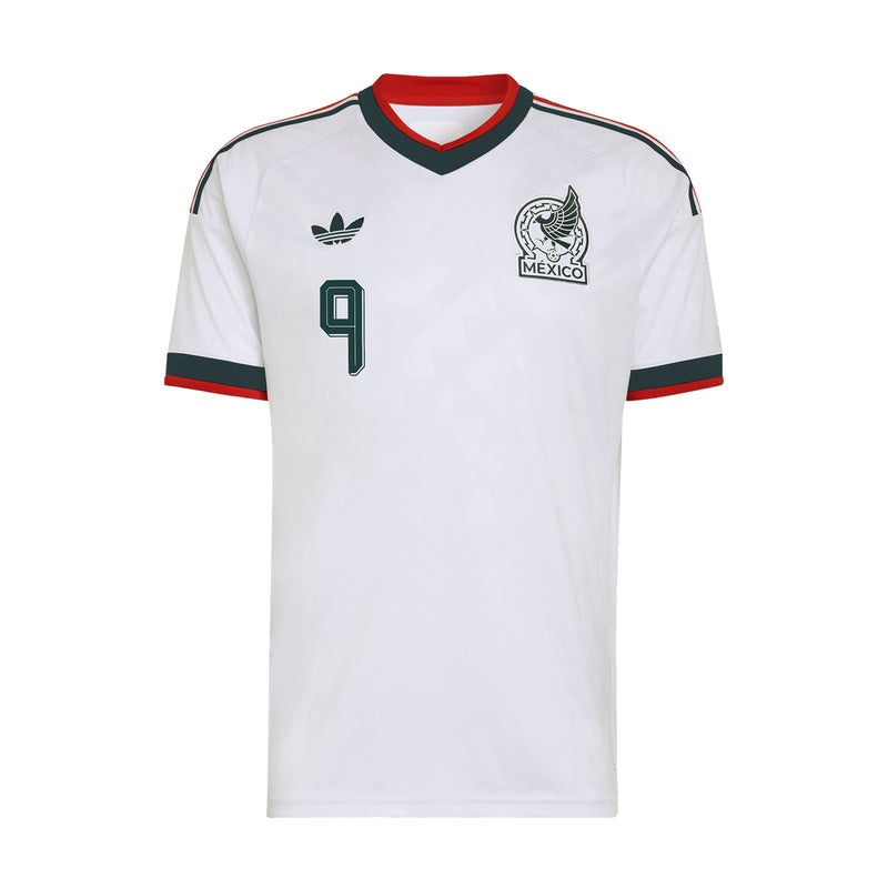 White Mexico away soccer jersey front view with Raul 9, Mexico crest, red trim