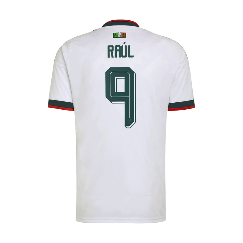White Mexico away soccer jersey back view with Raul 9 and green number, red trim