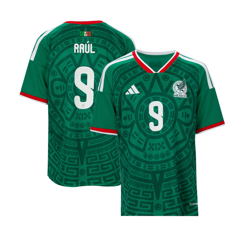 Mexico 26/27 Raul #9 replica home youth jersey, front and back views