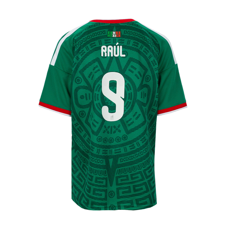 Youth green soccer jersey back with RAUL and number 9, red-trimmed sleeves