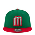 Two-tone green and red baseball cap with embroidered arched M logo