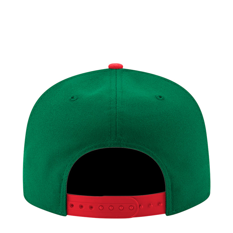 Green snapback baseball cap with red strapback and vented back