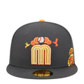 Dark grey baseball cap with embroidered Dia de Muertos arch skull design