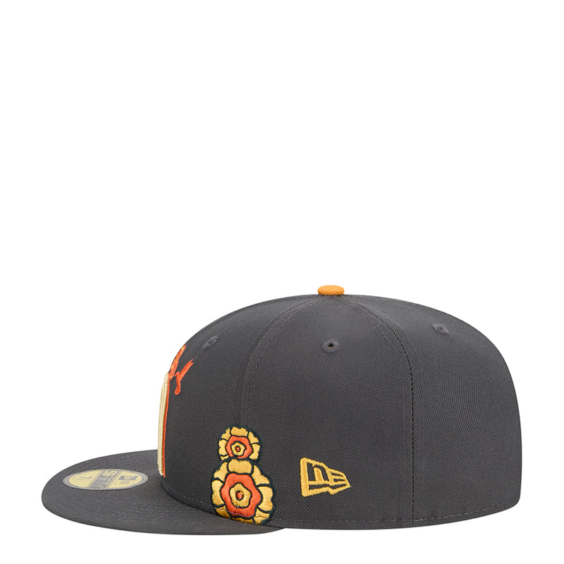 Dark grey baseball cap with embroidered flower and yellow Mexico text patch