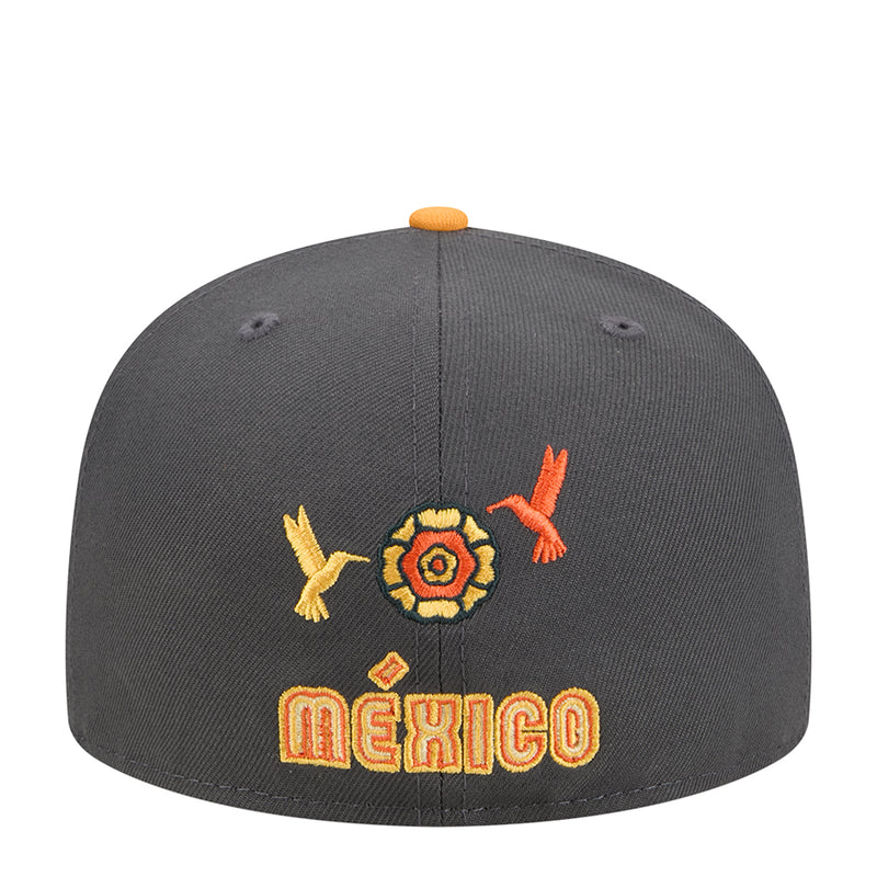 Dark grey Mexico 5950 cap with orange embroidered Dia de Muertos graphic