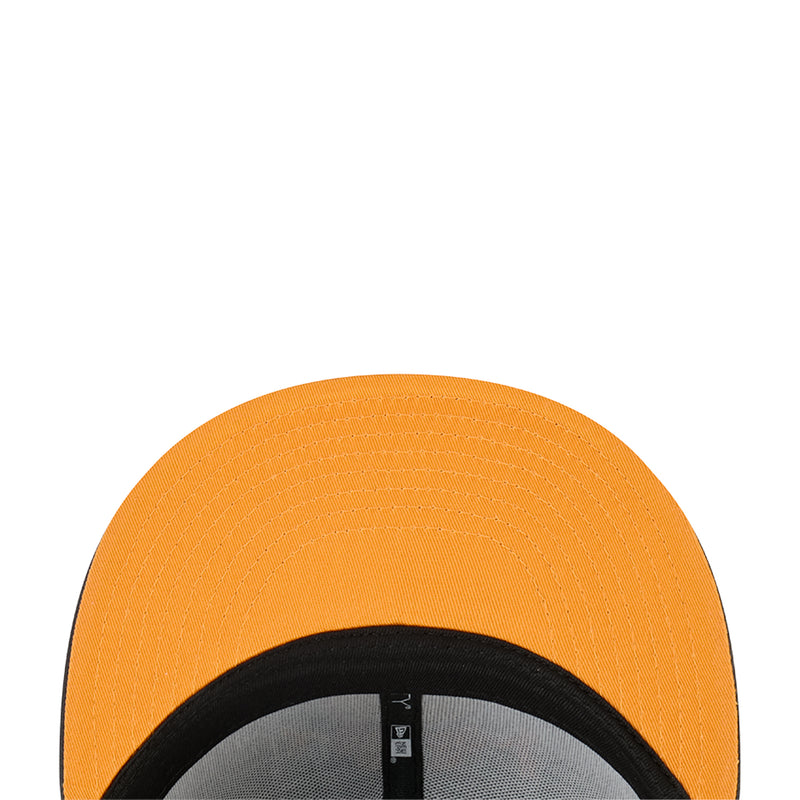 Orange baseball cap with black inner brim and close-up top panel