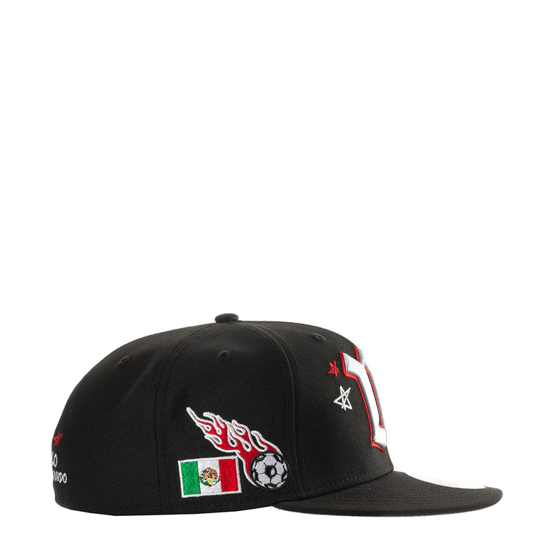 Black baseball cap with Mexico flag and flaming soccer ball front patch