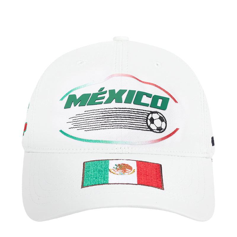 White Mexico strapback cap with MEXICO logo, soccer graphic, and red-green details