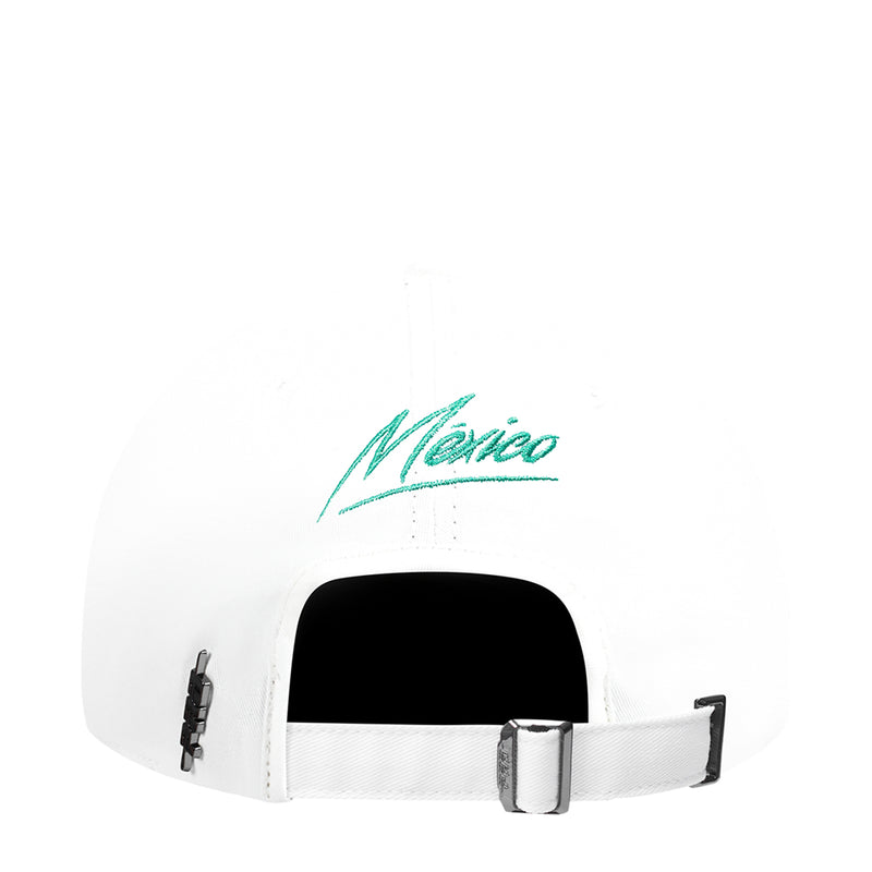 White Mexico strapback cap back with green Mexico text and adjustable buckle strap