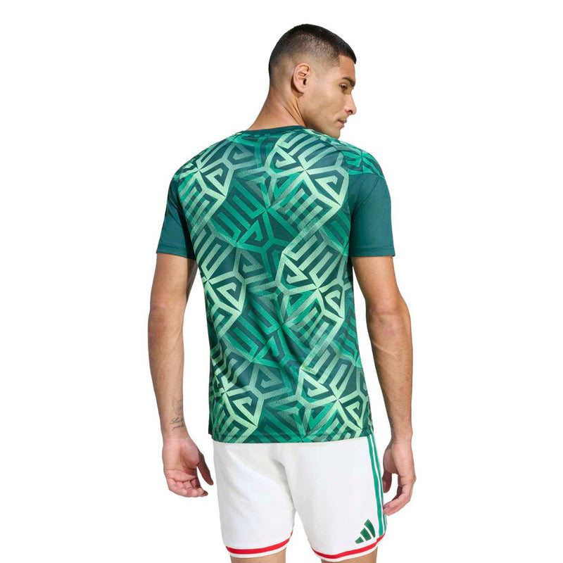 Men's green Mexico pre-match jersey back view, geometric print and V-neck