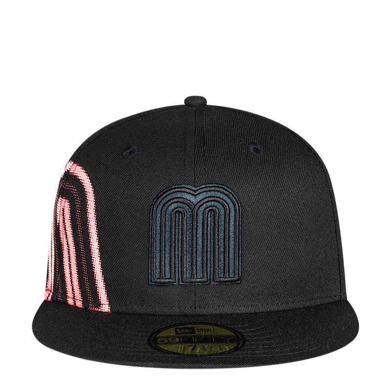 Black baseball cap with neon pink and blue arch M logo on side