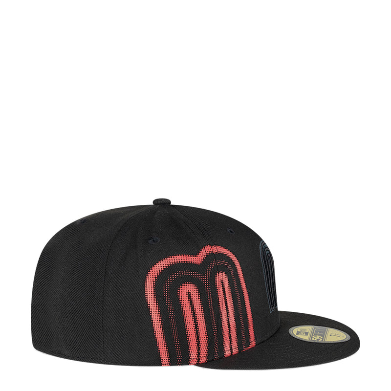 Black baseball cap with red striped arch M logo on front panel