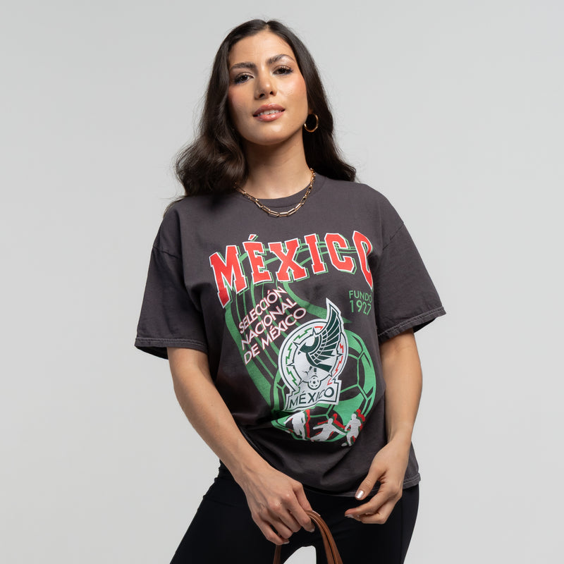 Unisex black washed T-shirt with Mexico graphic, worn by model front view