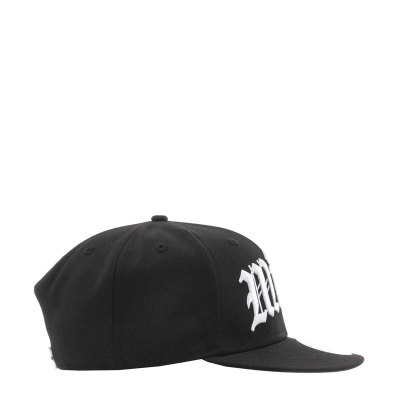 Black baseball cap with white side lettering graphic