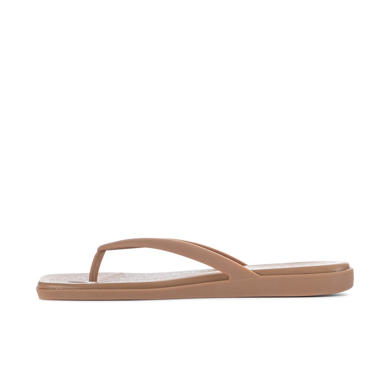 Milk chocolate thong flip-flop sandals, single V-strap, cushioned footbed