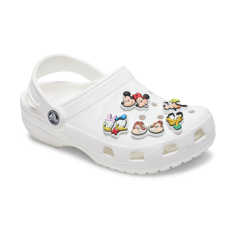 White clogs with Mickey and Friends Jibbitz charms, 5-piece set