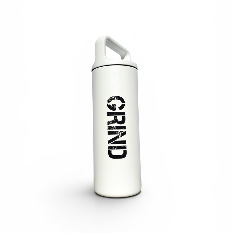 White water bottle with 'GRIND' text on a white background