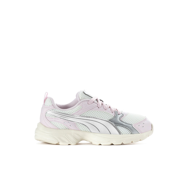 Kids' light pink and silver sneakers with lace-up closure and chunky off-white sole