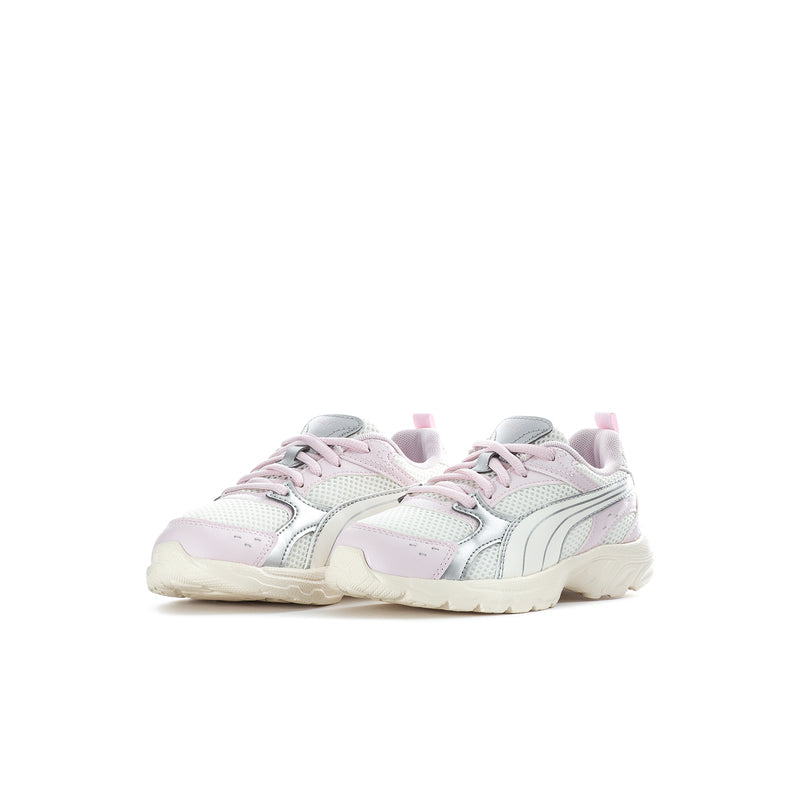 Kids' light pink lace-up sneakers with silver side stripe and off-white cushioned sole