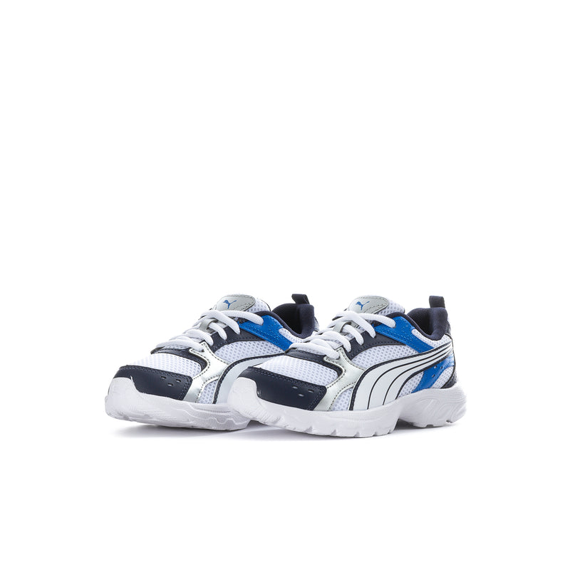 Kids sneakers with blue-and-black stripes on white upper, lace-up front view